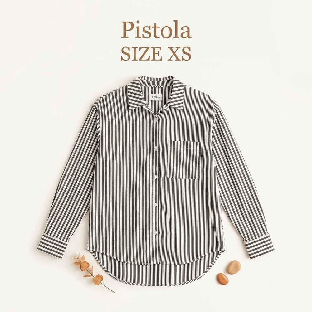 Pistola Striped 100% Cotton Button Up Shirt Women's XS Grey Preppy